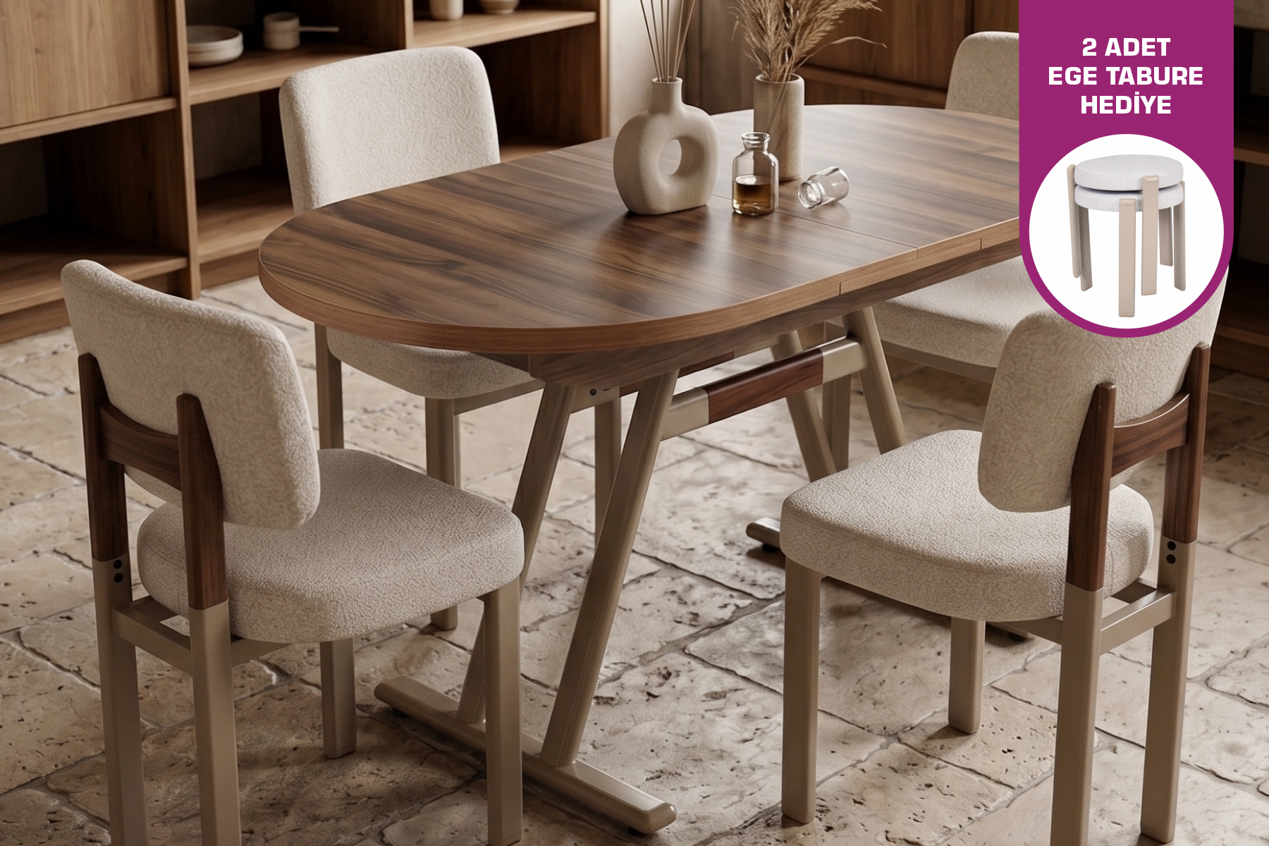 Vilinze Elvan Sandalye Afyon Mutfak Masası Takımı - 80x140 cm 6 Adet - Vizon