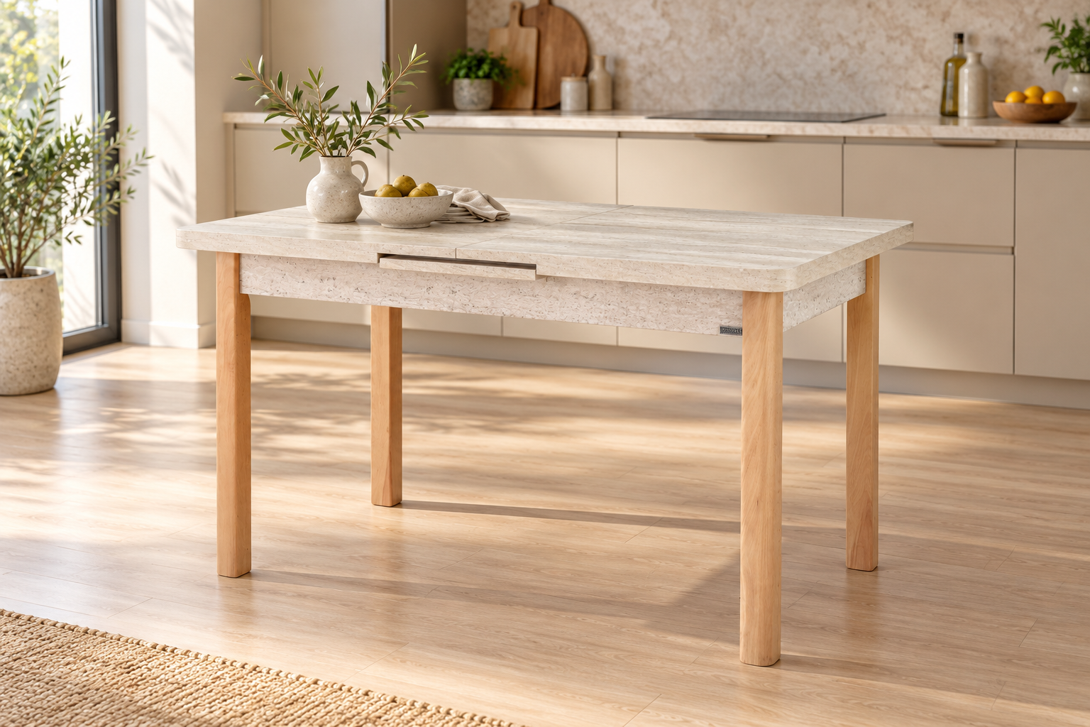Vilinze Fırat Ahşap Yemek Masası - 80x120cm (80x150cm) Naturel - Traverten