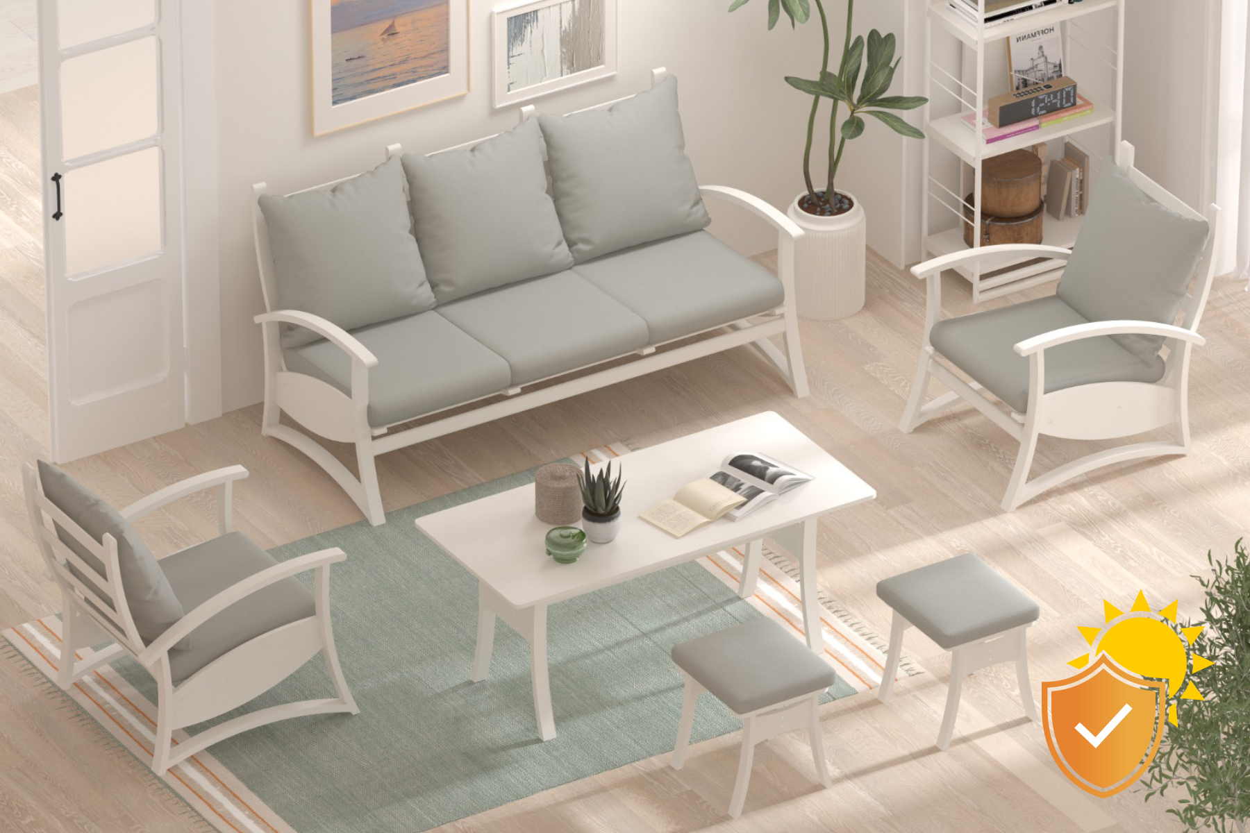 Vilinze Nora 311 ve Nora 70140 Orta Masalı Beyaz Ahşap Ayak Bahçe Takımı Gri