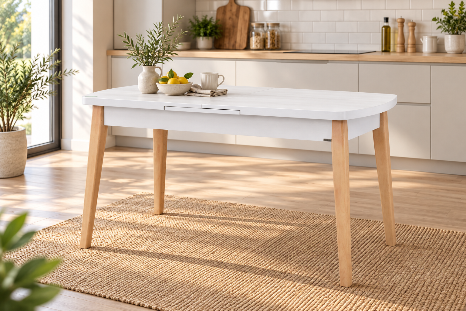Vilinze Aras Ahşap Yemek Masası Beyaz/Naturel