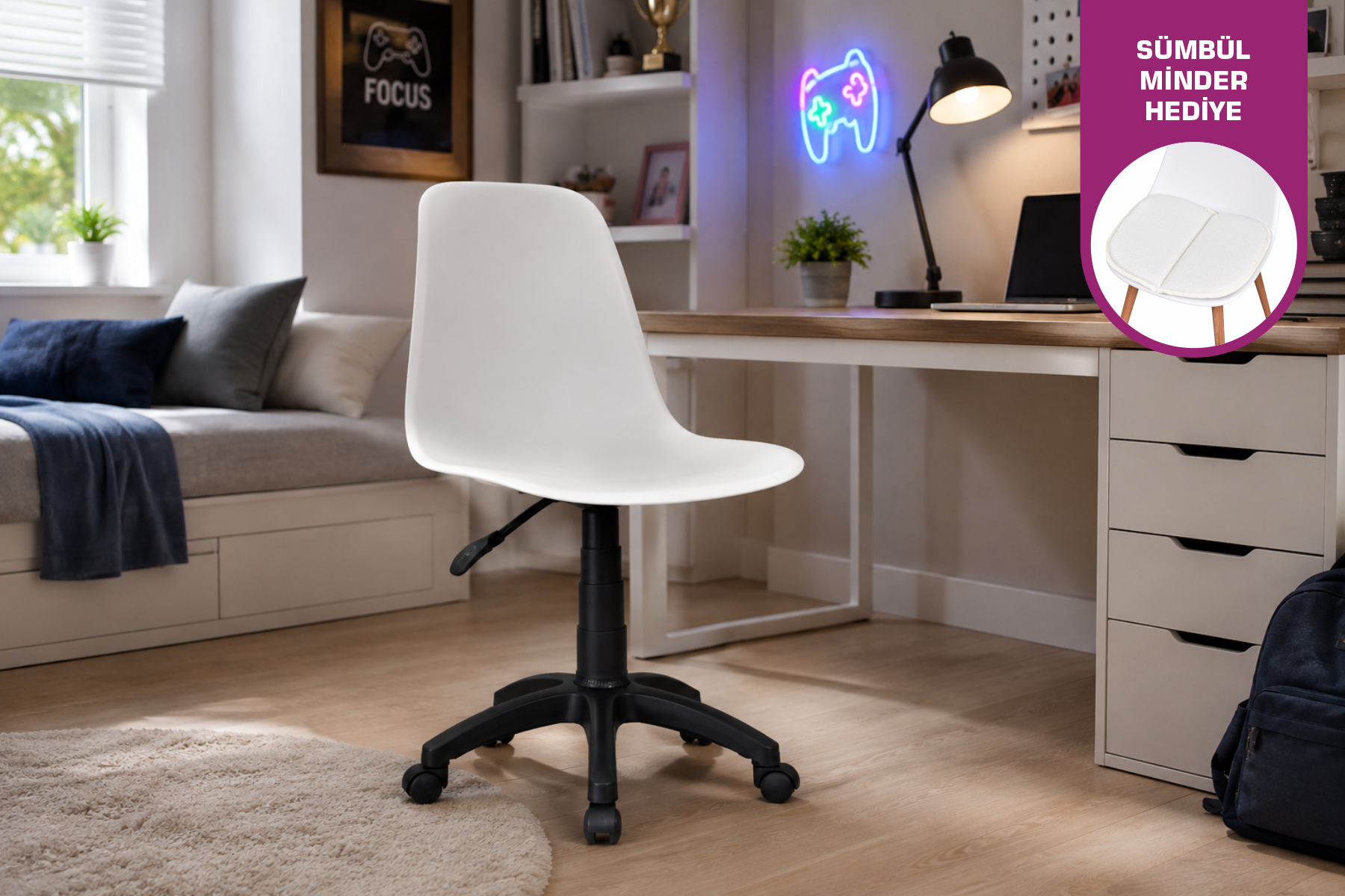 Vilinze Eames Çalışma Koltuğu Tekerlekli Ofis Sandalyesi Siyah - Beyaz