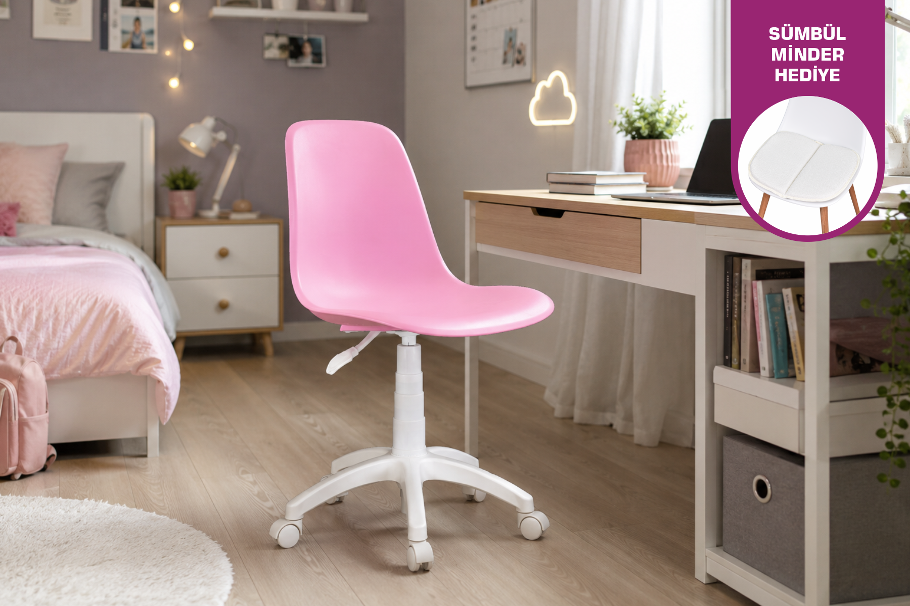 Vilinze Eames Çalışma Koltuğu Tekerlekli Ofis Sandalyesi Beyaz - Pembe