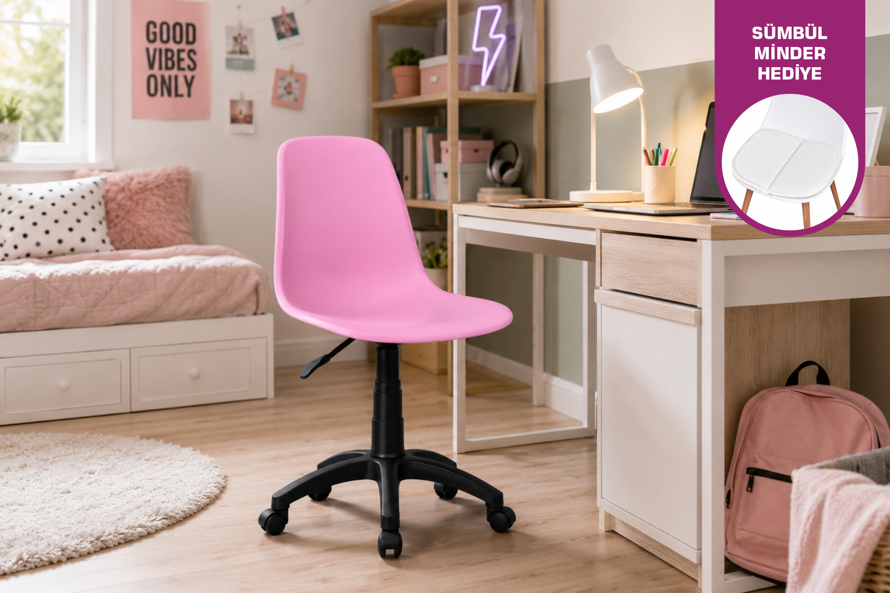 Vilinze Eames Çalışma Koltuğu Tekerlekli Ofis Sandalyesi Siyah - Pembe