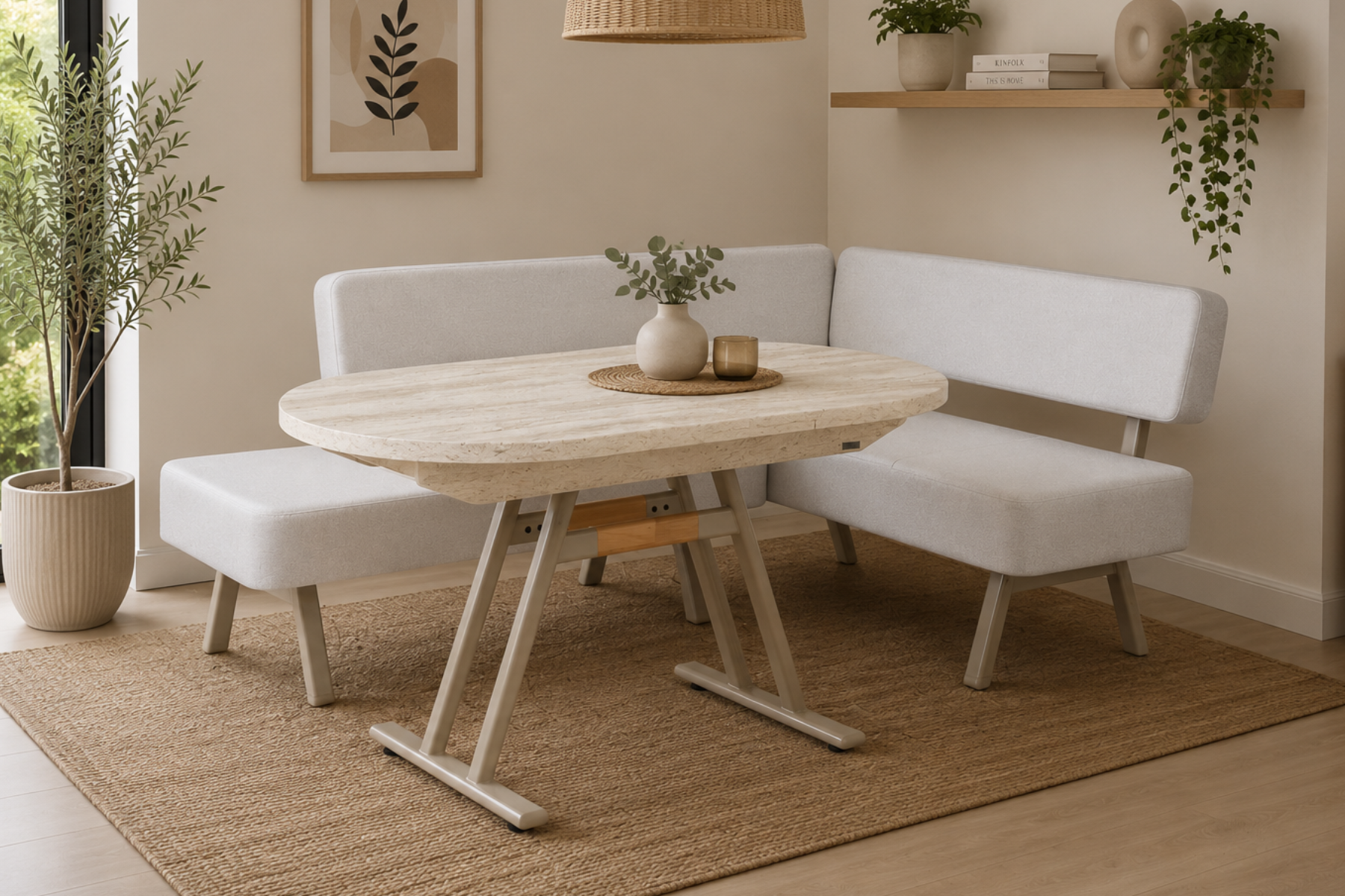 Vilinze Bolvadin Köşe Afyon Traverten Mutfak Masası Takımı - 80x140 cm