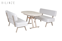 Vilinze Bolvadin Köşe Afyon Traverten Mutfak Masası Takımı - 80x140 cm Sırtlı Takım - Krem