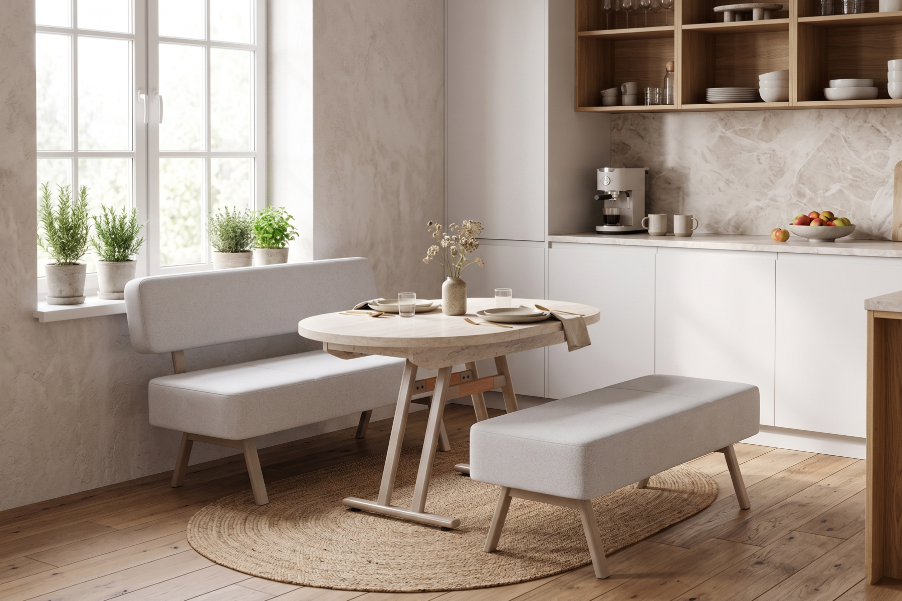 Vilinze Bolvadin Köşe Afyon Traverten Mutfak Masası Takımı - 80x140 cm Sırtsız Takım - Krem