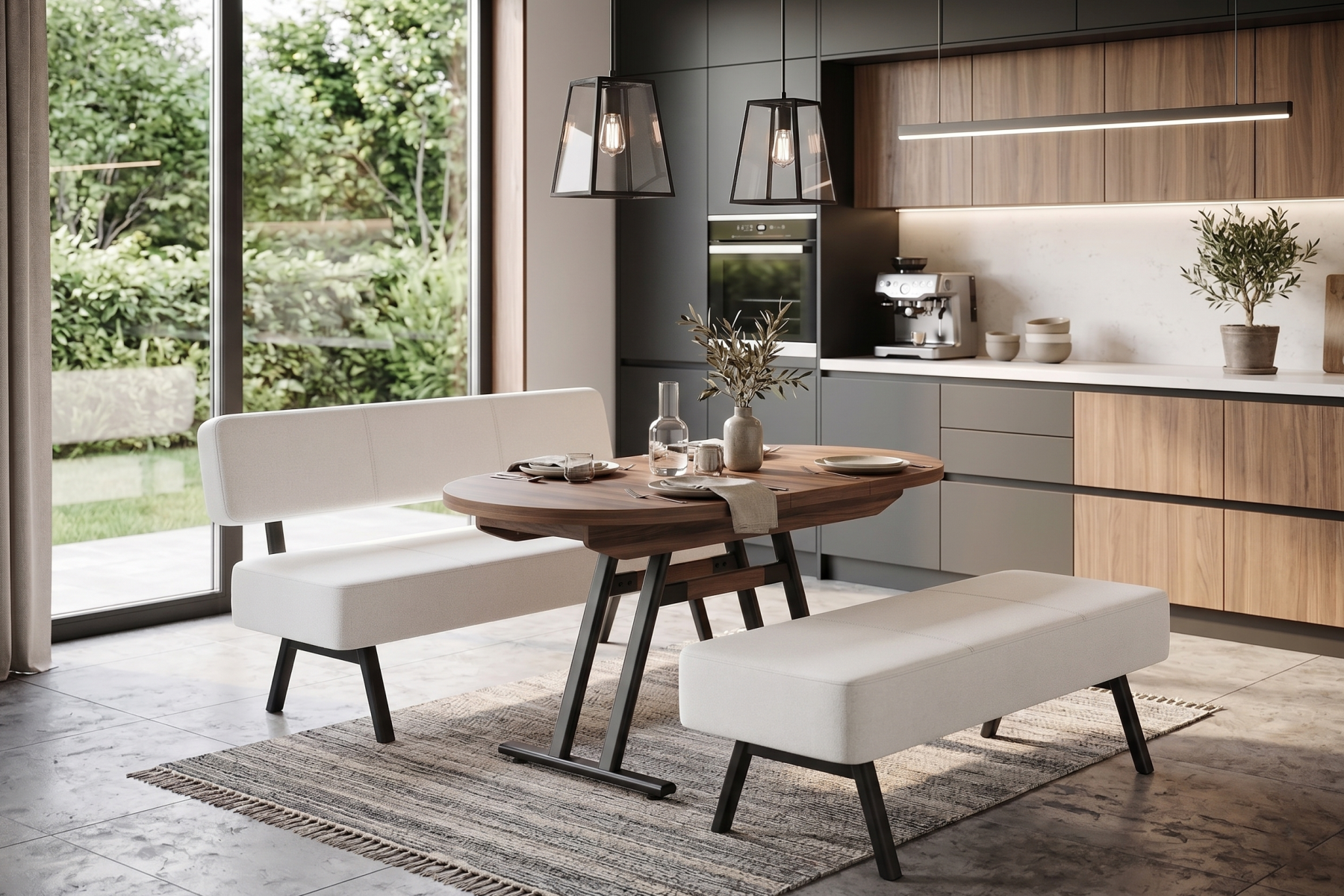 Vilinze Bolvadin Köşe Afyon Kestane Mutfak Masası Takımı - 80x140 cm Sırtsız Takım - Krem