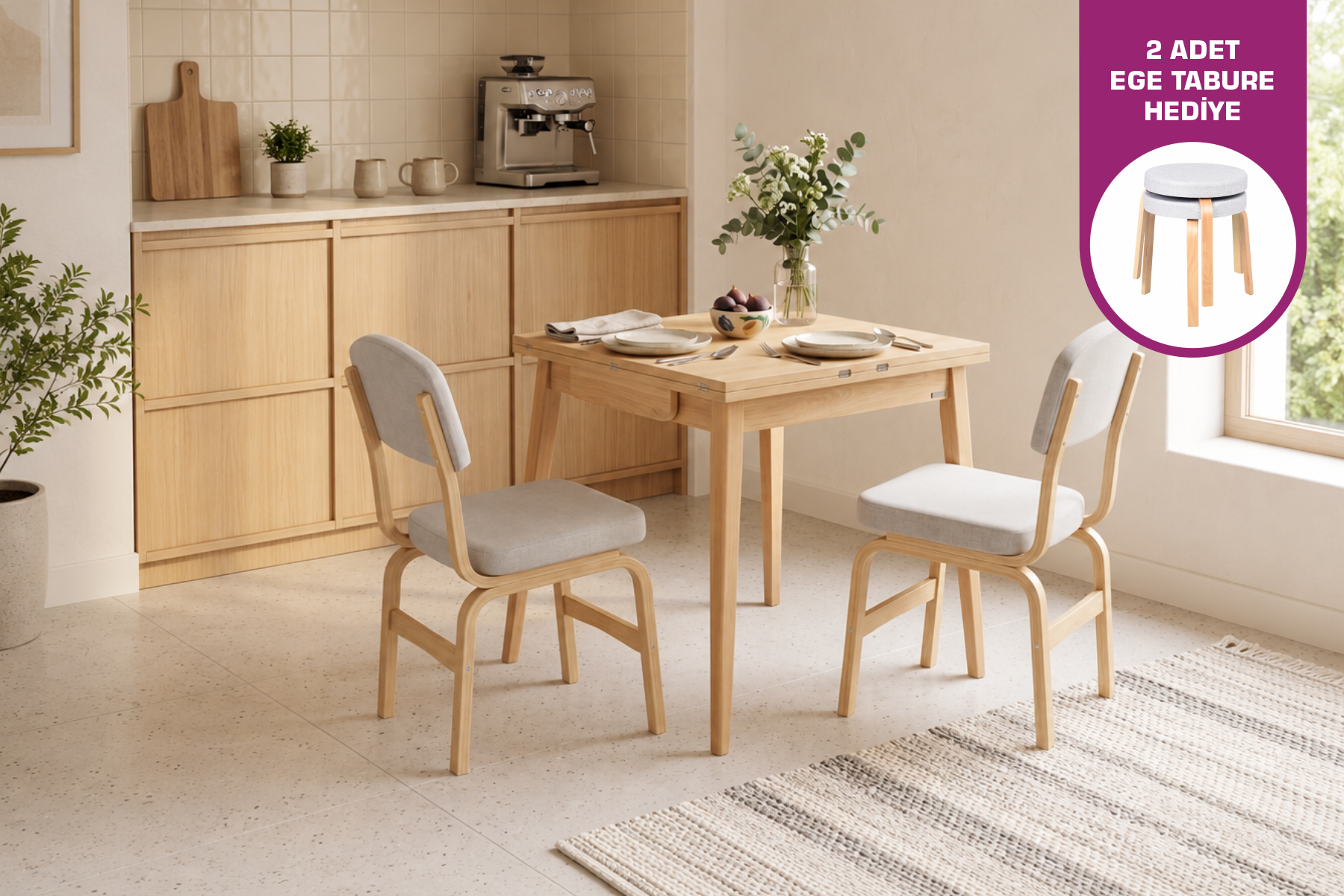 Vilinze Ege Sandalye Avanos Ahşap MDF Kanatlı Mutfak Masası Takımı - 70x70+70 cm 2 Adet