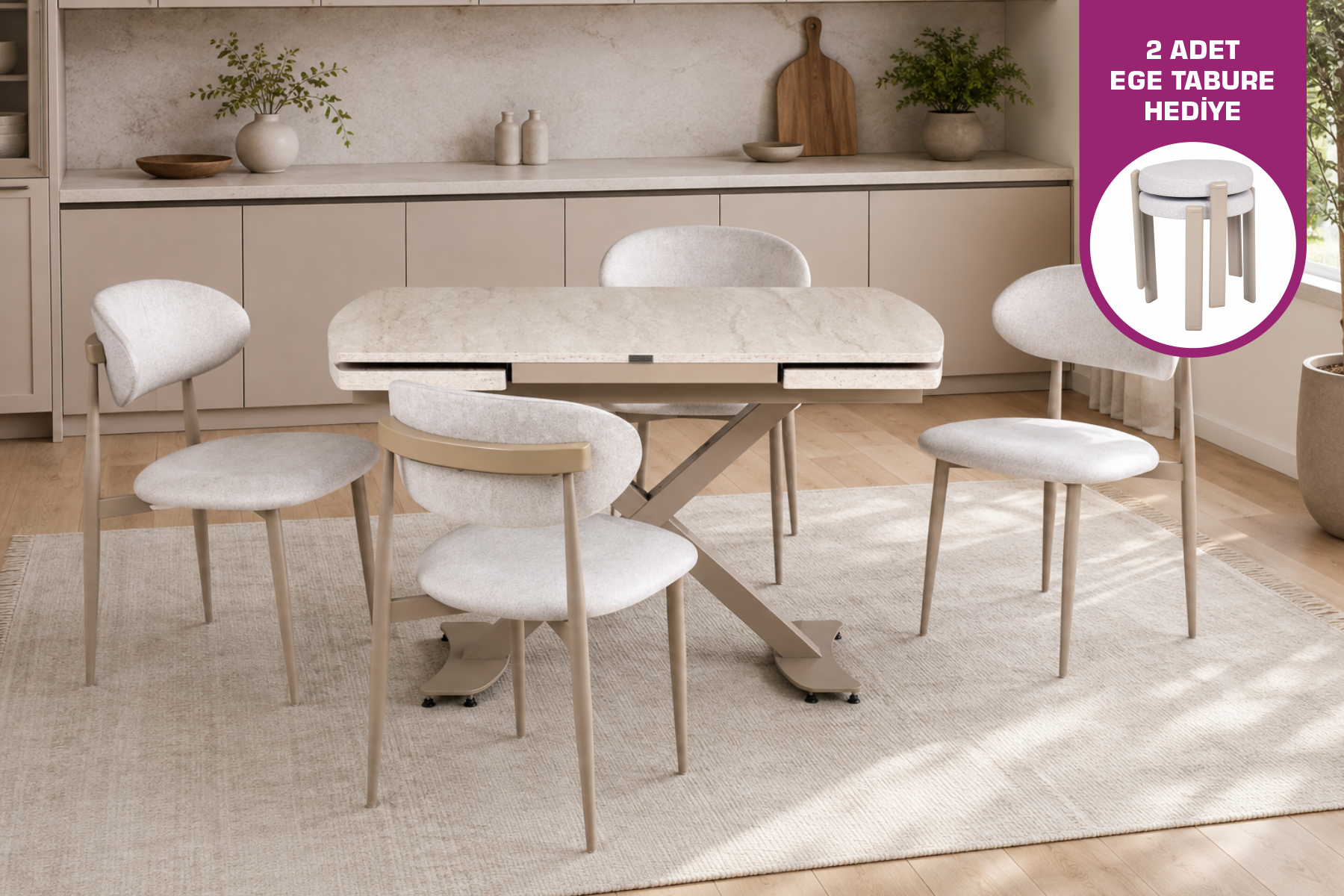 Vilinze Venüs Sandalye Havza Masa Metal Ayak Mutfak Masası Takımı - 80x180 cm Traverten - 6 Adet