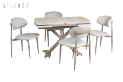 Vilinze Venüs Sandalye Havza Masa Metal Ayak Mutfak Masası Takımı - 80x180 cm Traverten - 6 Adet