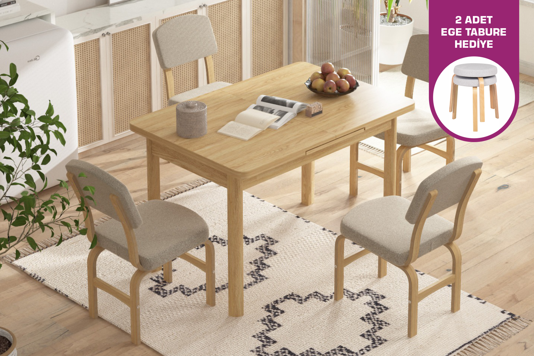 Vilinze Ege Sandalye Fırat Mutfak Masası Takımı - 80x120 cm Krem - Naturel - 4 Adet