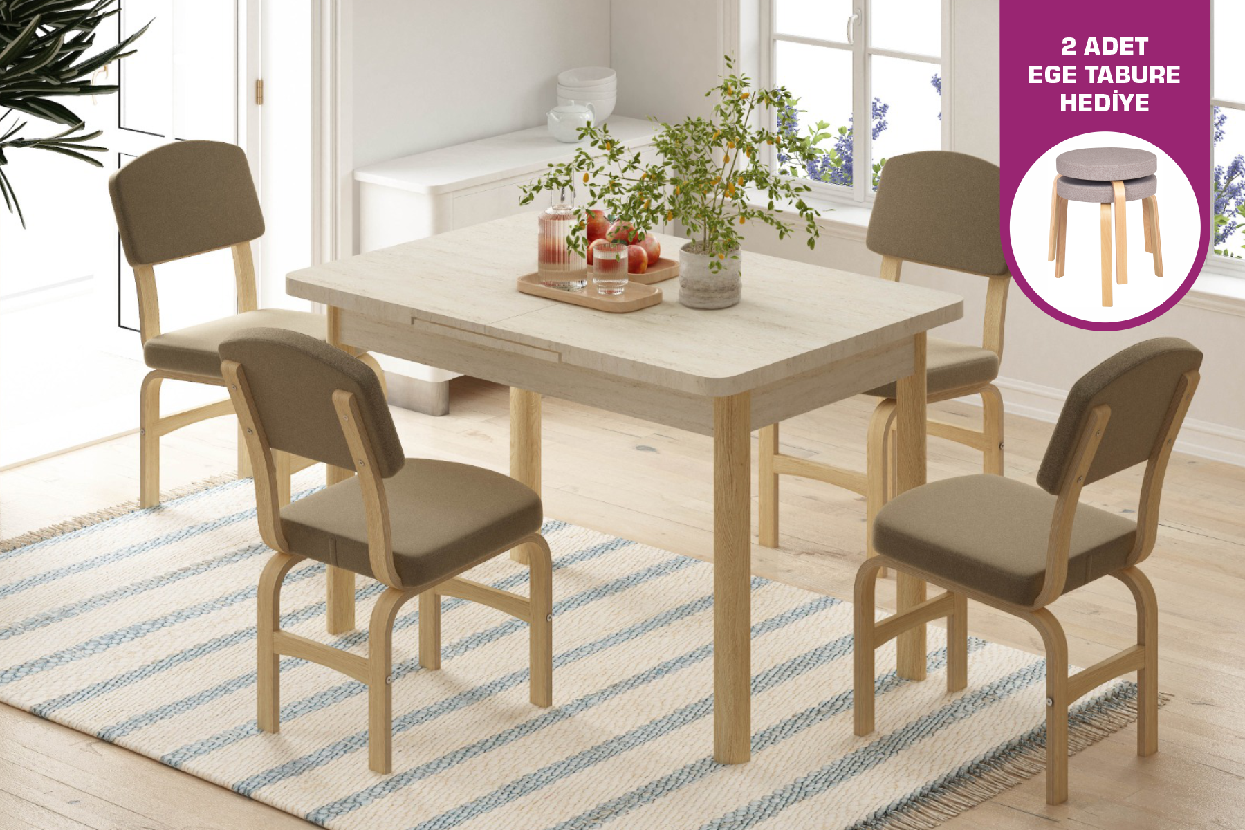 Vilinze Ege Sandalye Fırat Mutfak Masası Takımı - 80x120 cm Kahverengi - Traverten/Naturel - 4 Adet