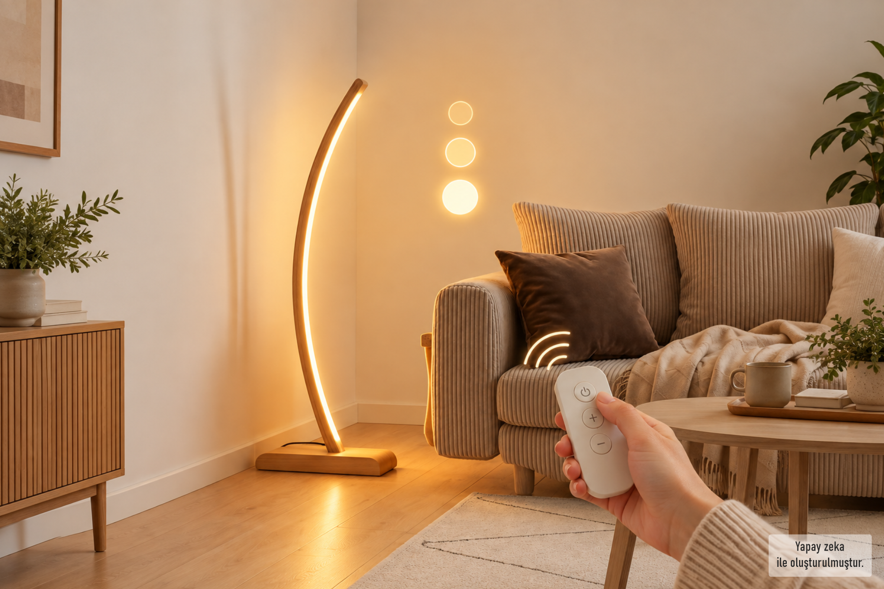 Jedi Uzaktan Kumandalı Işık Yoğunluk Ayarlı Ahşap Ayaklı LED Dekoratif Lambader - Naturel