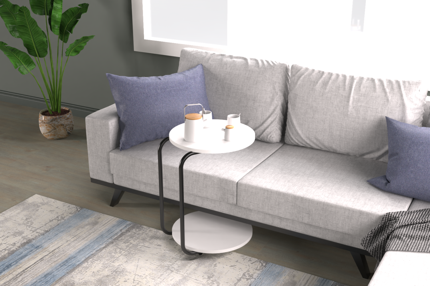 Vilinze Emr Çok Amaçlı Tekerlekli Siyah Ayak C Sehpa Beyaz