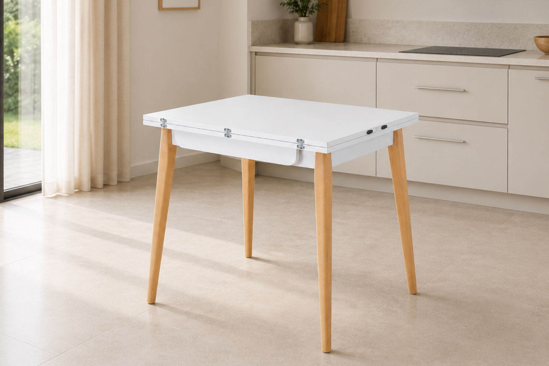 Avanos Ahşap Ayaklı Katlanır Kanatlı Mdf Mutfak Masası - 60x90+60 (90x120) cm Beyaz - Naturel