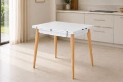 Avanos Ahşap Ayaklı Katlanır Kanatlı Mdf Mutfak Masası - 60x90+60 (90x120) cm Beyaz - Naturel