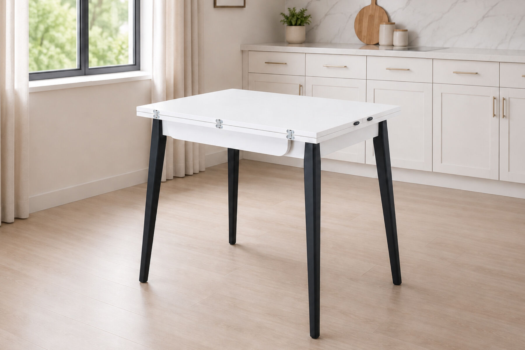 Avanos Ahşap Ayaklı Katlanır Kanatlı Mdf Mutfak Masası - 60x90+60 (90x120) cm Beyaz - Siyah