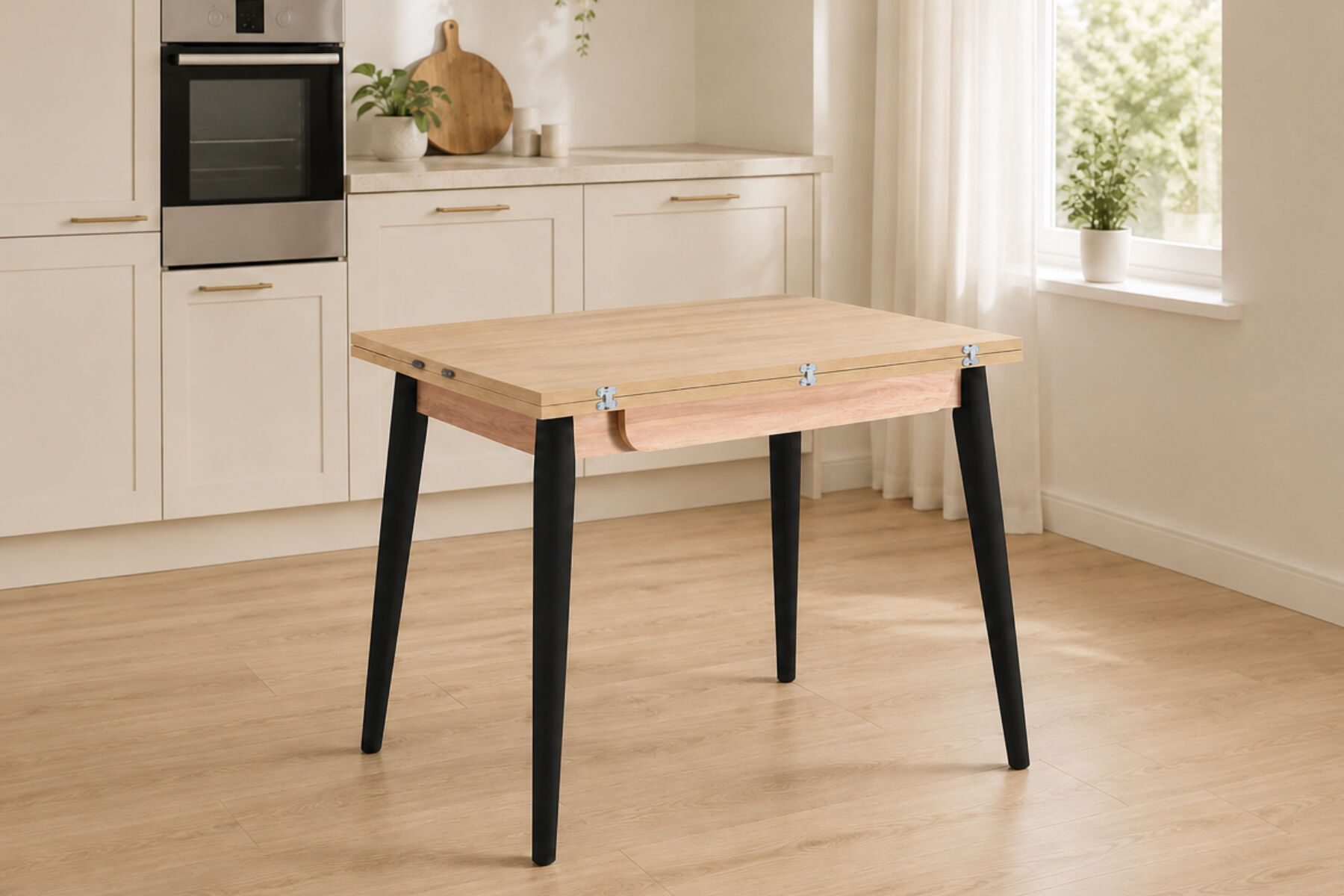 Avanos Ahşap Ayaklı Katlanır Kanatlı Mdf Mutfak Masası - 60x90+60 (90x120) cm Naturel - Siyah