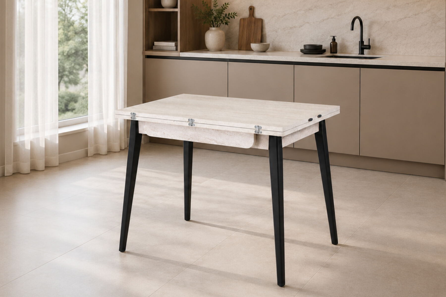 Avanos Ahşap Ayaklı Katlanır Kanatlı Mdf Mutfak Masası - 60x90+60 (90x120) cm Traverten - Siyah