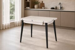Avanos Ahşap Ayaklı Katlanır Kanatlı Mdf Mutfak Masası - 60x90+60 (90x120) cm Traverten - Siyah