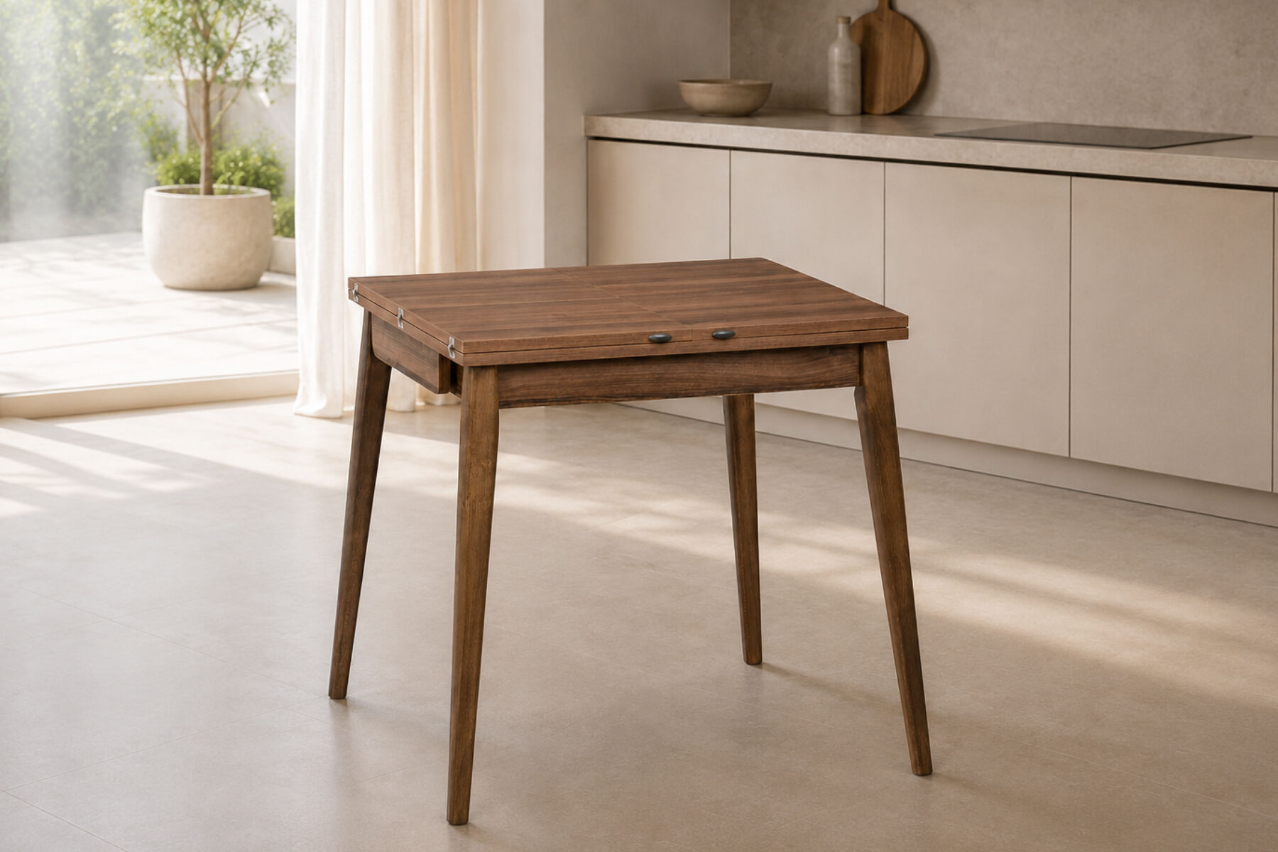 Vilinze Avanos Ahşap Katlanır Kanatlı Mdf Mutfak Masası - 70x70+70 (70x140) cm Ceviz - Ceviz