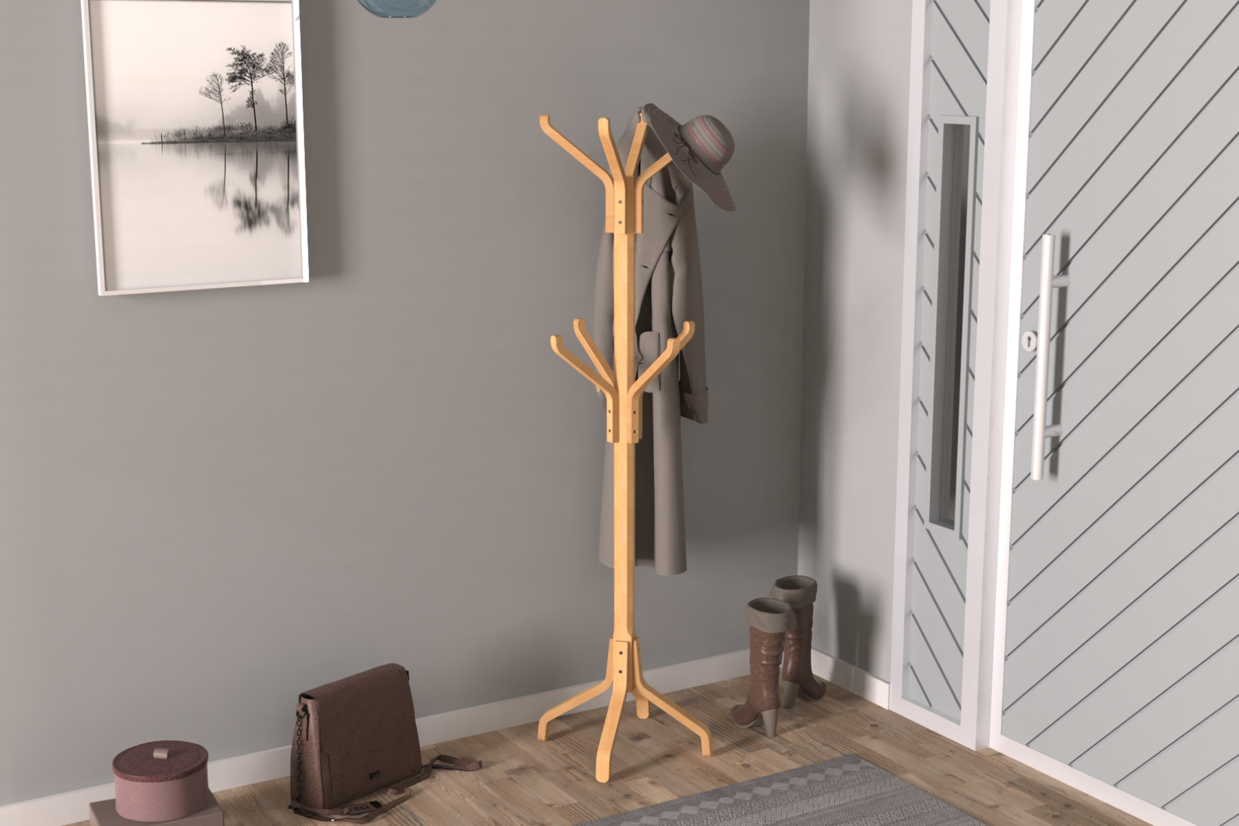 Vesti Ahşap Ayaklı Portmanto Elbise Askılığı Naturel - 8 Kollu