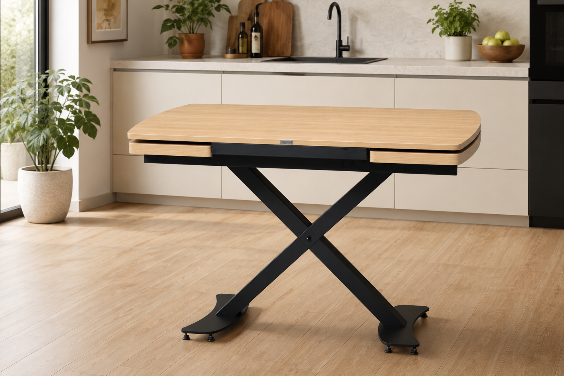 Oltu Metal Ayaklı Açılabilir Mdf Yuvarlak Mutfak Masası - 100x100+35 (100x135) cm Naturel