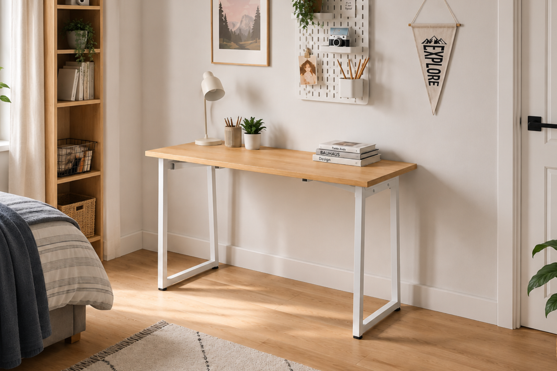 Vilinze Biga Sabit Mdf Metal Ayak Çalışma Ofis Masası - 60x120 cm Beyaz/Naturel