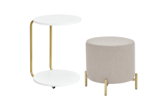 Çok Amaçlı Gold Metal Ayak C Sehpa Puf Seti Beyaz - Teddy Bej