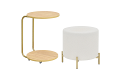 Çok Amaçlı Gold Metal Ayak C Sehpa Puf Seti Naturel - Teddy Beyaz
