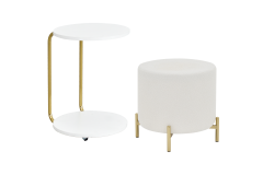 Çok Amaçlı Gold Metal Ayak C Sehpa Puf Seti Beyaz - Teddy Beyaz