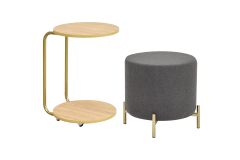 Çok Amaçlı Gold Metal Ayak C Sehpa Puf Seti Naturel - Teddy Gri