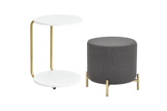Çok Amaçlı Gold Metal Ayak C Sehpa Puf Seti Beyaz - Teddy Gri