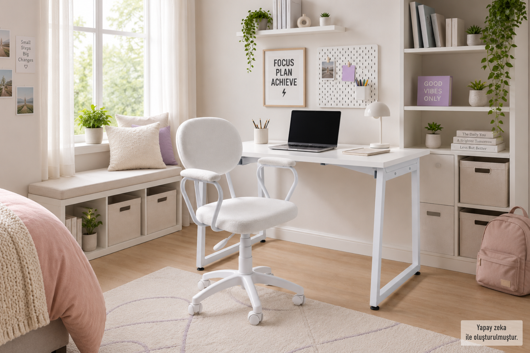 Vilinze Biga Çalışma Ofis Masası ve Deniz Çalışma Ofis Sandalyesi Set - 60x90 cm Beyaz/Kollu - Beyaz
