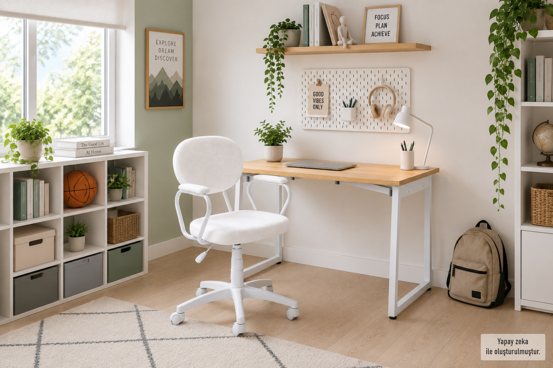 Vilinze Biga Çalışma Ofis Masası ve Deniz Çalışma Ofis Sandalyesi Set - 60x90 cm Beyaz/Kollu - Beyaz/Naturel