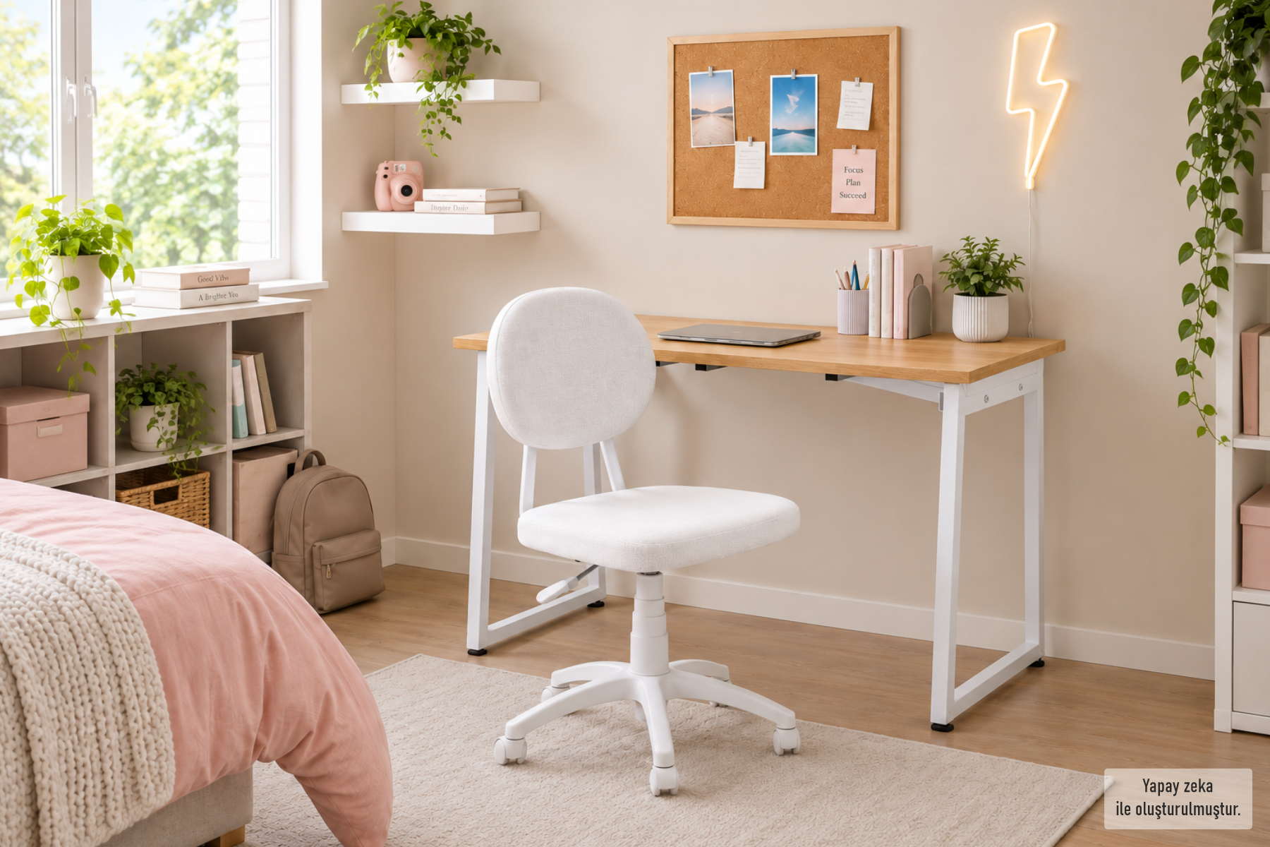Vilinze Biga Çalışma Ofis Masası ve Deniz Çalışma Ofis Sandalyesi Set - 60x90 cm Beyaz/Kolsuz - Beyaz/Naturel