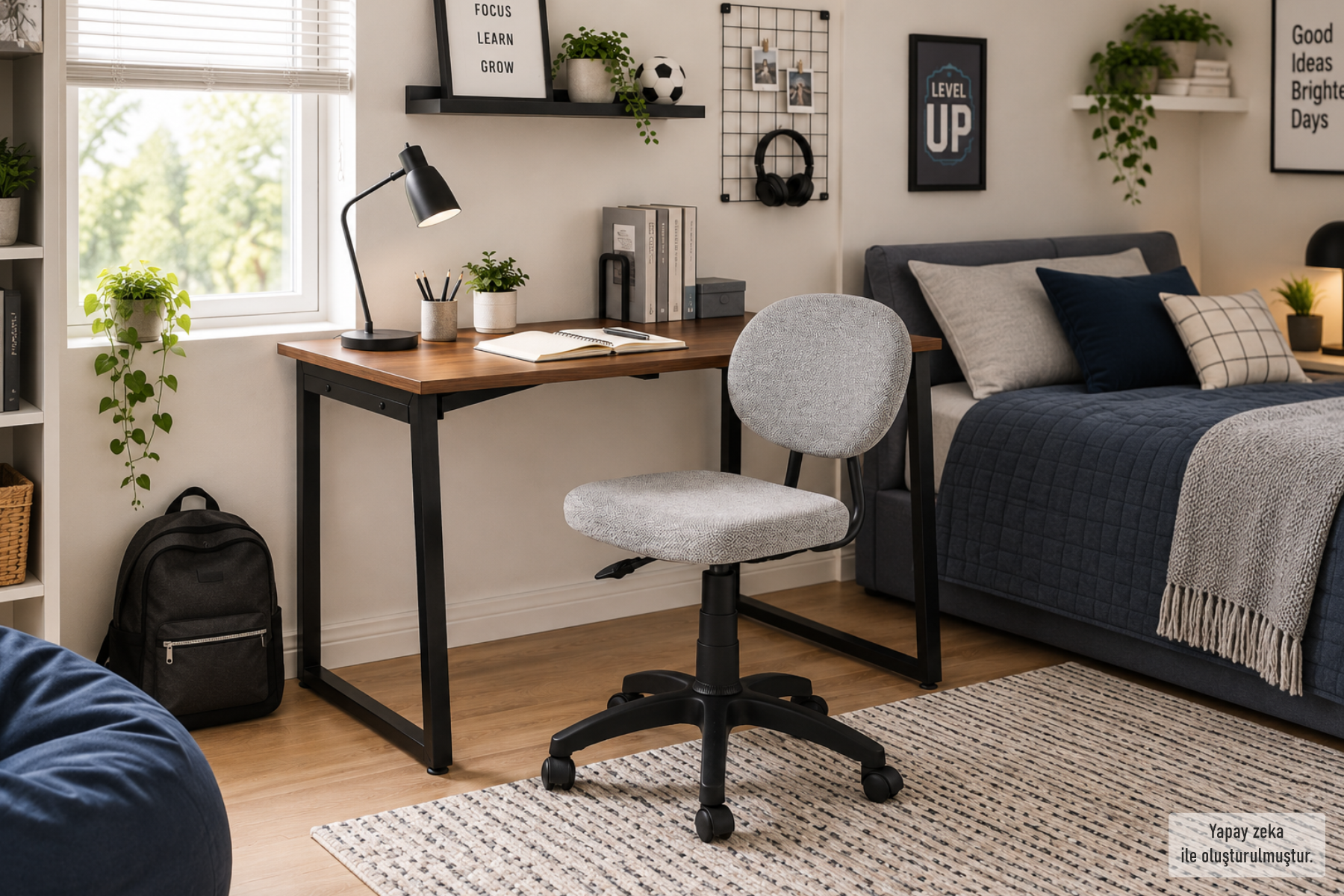 Vilinze Biga Çalışma Ofis Masası ve Deniz Çalışma Ofis Sandalyesi Set - 60x90 cm Kırçıllı Gri/Kolsuz - Siyah/Ceviz