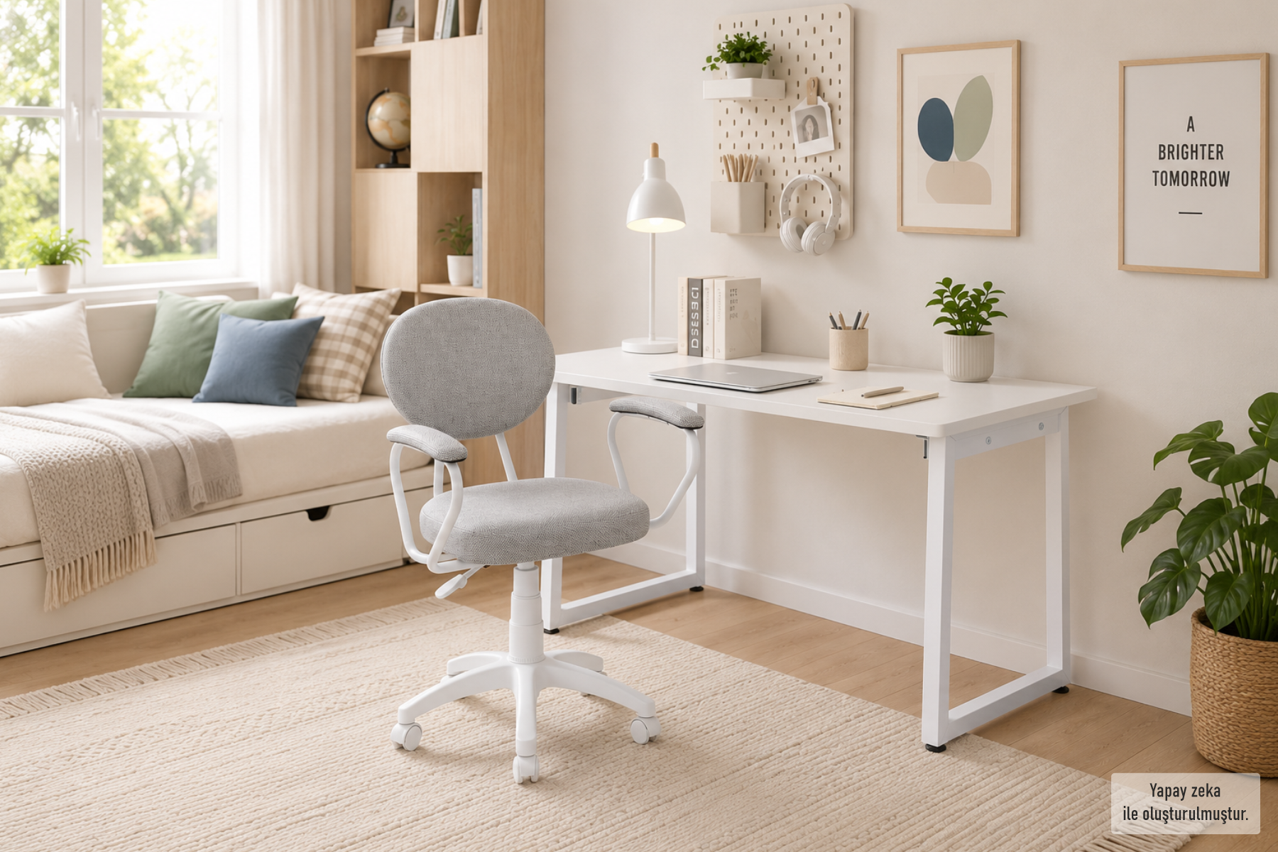 Vilinze Biga Çalışma Ofis Masası ve Deniz Çalışma Ofis Sandalyesi Set - 60x120 cm Kırçıllı Gri/Kollu - Beyaz