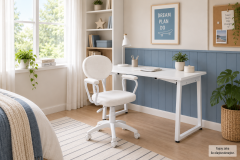 Vilinze Biga Çalışma Ofis Masası ve Deniz Çalışma Ofis Sandalyesi Set - 60x120 cm Beyaz/Kollu - Beyaz