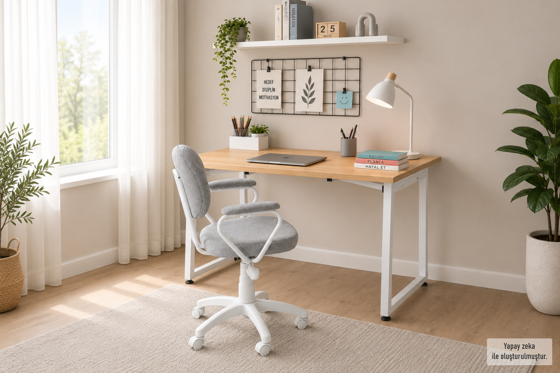 Vilinze Biga Çalışma Ofis Masası ve Deniz Çalışma Ofis Sandalyesi Set - 60x120 cm Kırçıllı Gri/Kollu - Beyaz/Naturel