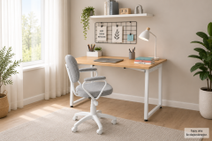 Vilinze Biga Çalışma Ofis Masası ve Deniz Çalışma Ofis Sandalyesi Set - 60x120 cm Kırçıllı Gri/Kollu - Beyaz/Naturel