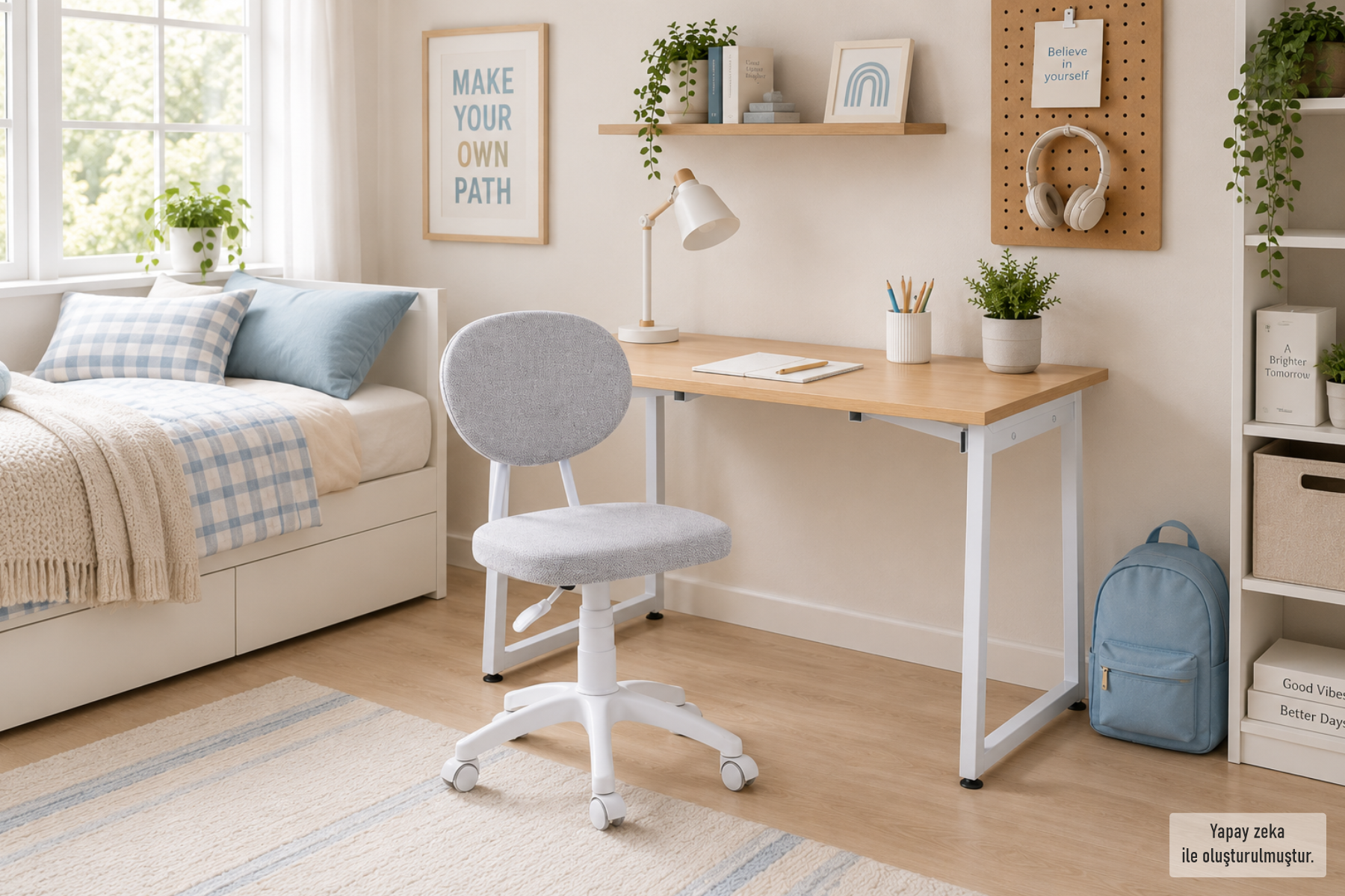 Vilinze Biga Çalışma Ofis Masası ve Deniz Çalışma Ofis Sandalyesi Set - 60x120 cm Beyaz/Kolsuz - Beyaz/Naturel