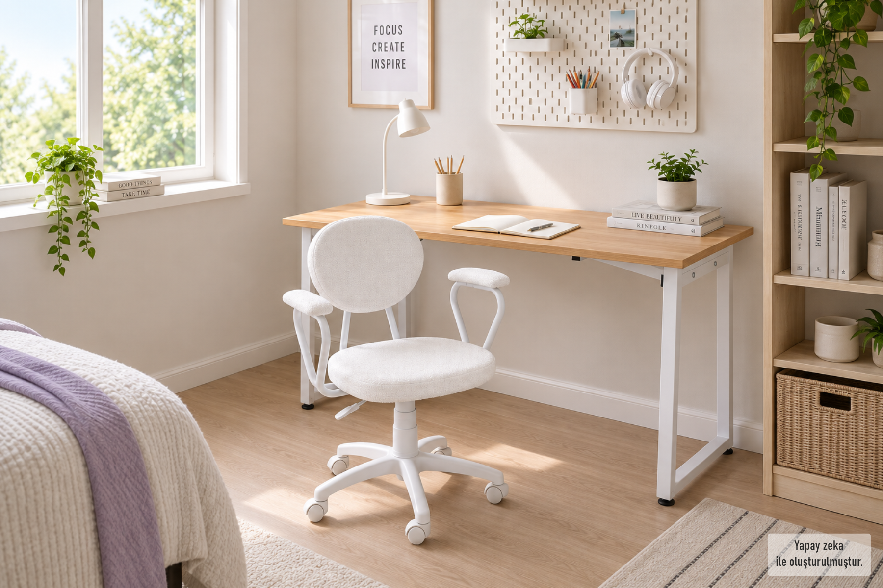 Vilinze Biga Çalışma Ofis Masası ve Deniz Çalışma Ofis Sandalyesi Set - 60x120 cm Beyaz/Kollu - Beyaz/Naturel