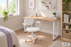 Vilinze Biga Çalışma Ofis Masası ve Deniz Çalışma Ofis Sandalyesi Set - 60x120 cm Beyaz/Kollu - Beyaz/Naturel