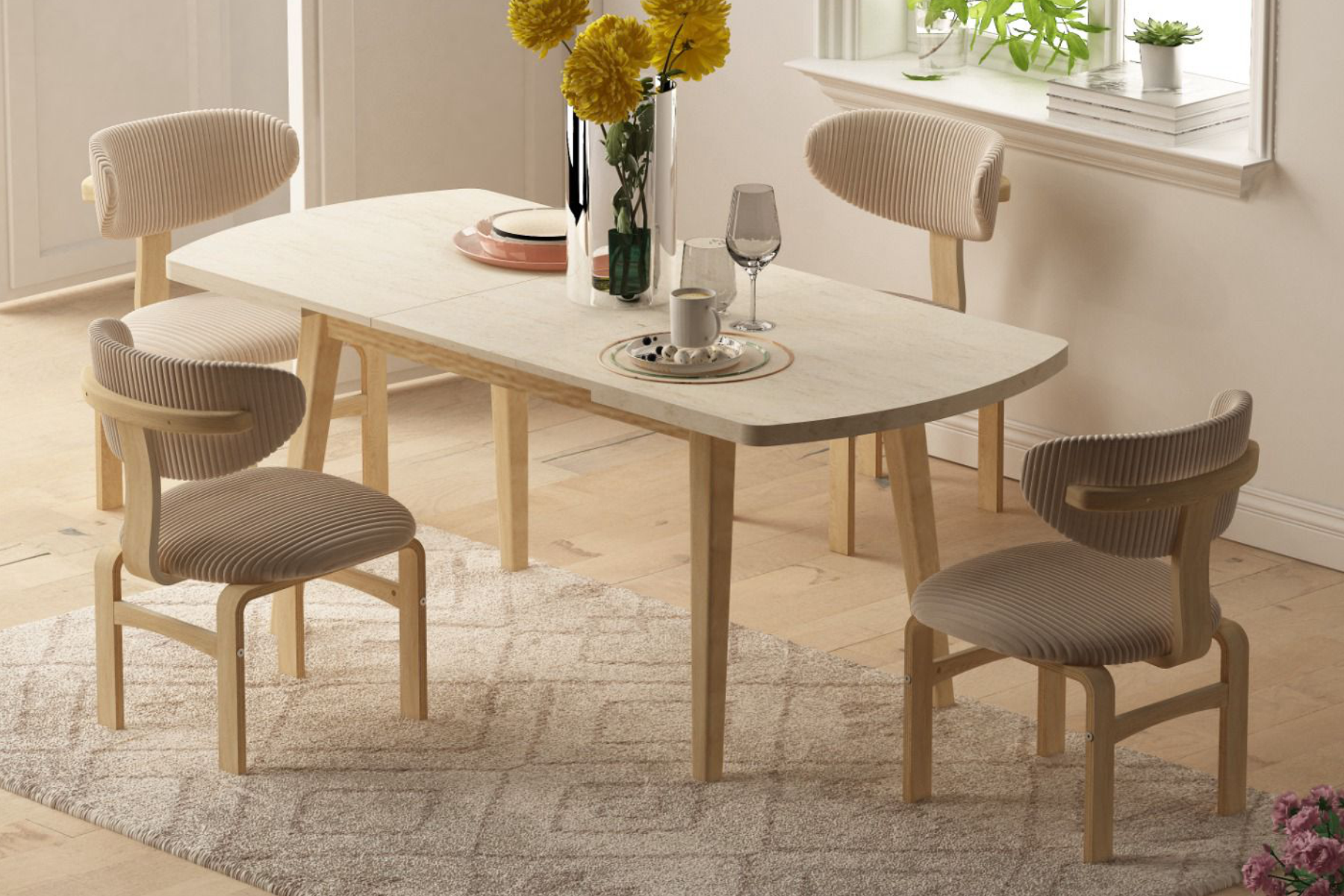 Vilinze Sofya Ahşap Sandalye Aras Ahşap Traverten Mutfak Masası Takımı - 80x140 cm