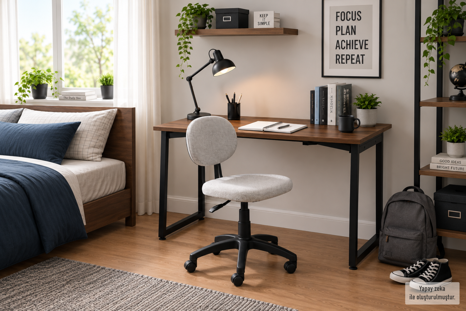 Vilinze Biga Çalışma Ofis Masası ve Deniz Çalışma Ofis Sandalyesi Set - 60x120 cm Kırçıllı Gri/Kolsuz - Siyah/Ceviz