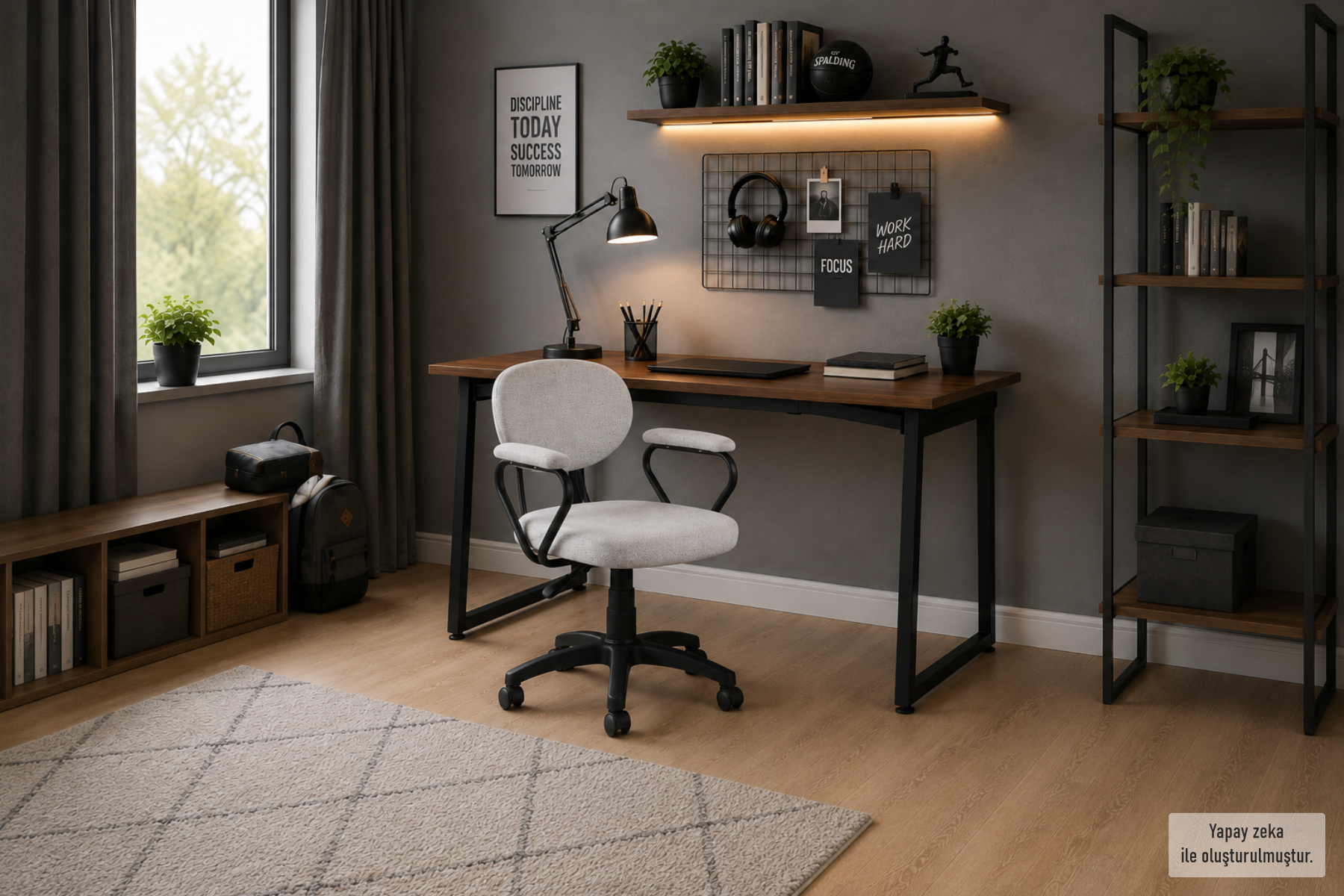 Vilinze Biga Çalışma Ofis Masası ve Deniz Çalışma Ofis Sandalyesi Set - 60x120 cm Kırçıllı Gri/Kollu - Siyah/Ceviz