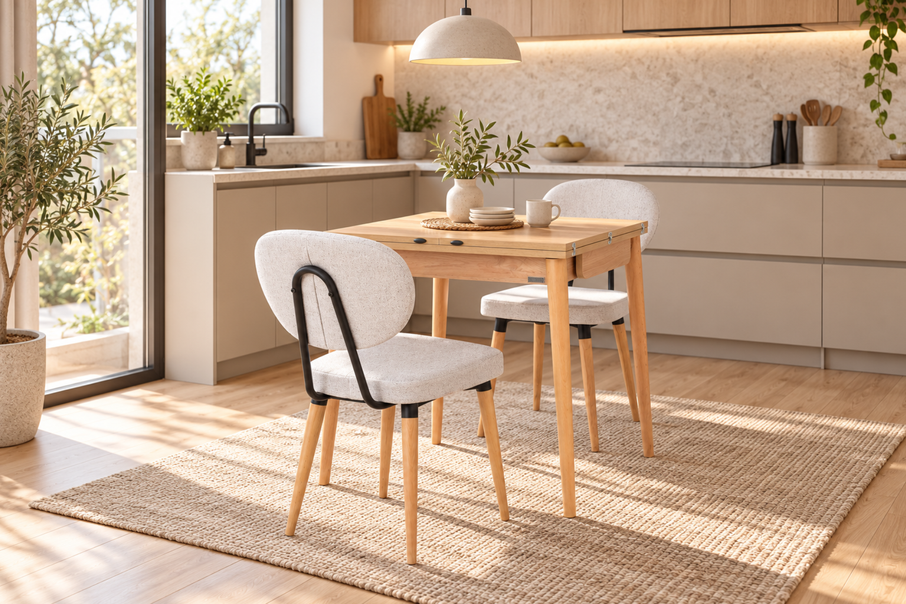 Vilinze Akdeniz Sandalye Golf Mutfak Masası Takımı - 70x70+70 cm Naturel - 2 Adet