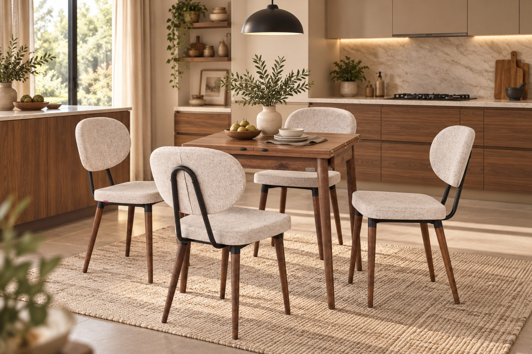 Vilinze Akdeniz Sandalye Golf Mutfak Masası Takımı - 70x70+70 cm Ceviz - 4 Adet