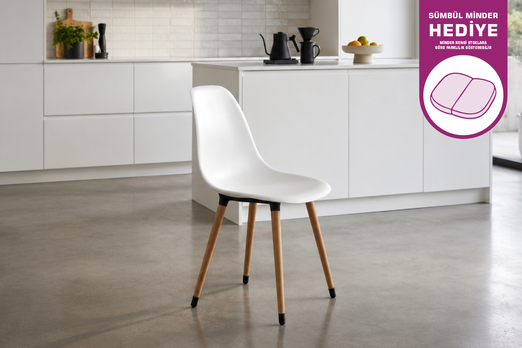 Vilinze Eames Ahşap Ayak Plastik Beyaz Sandalye Naturel